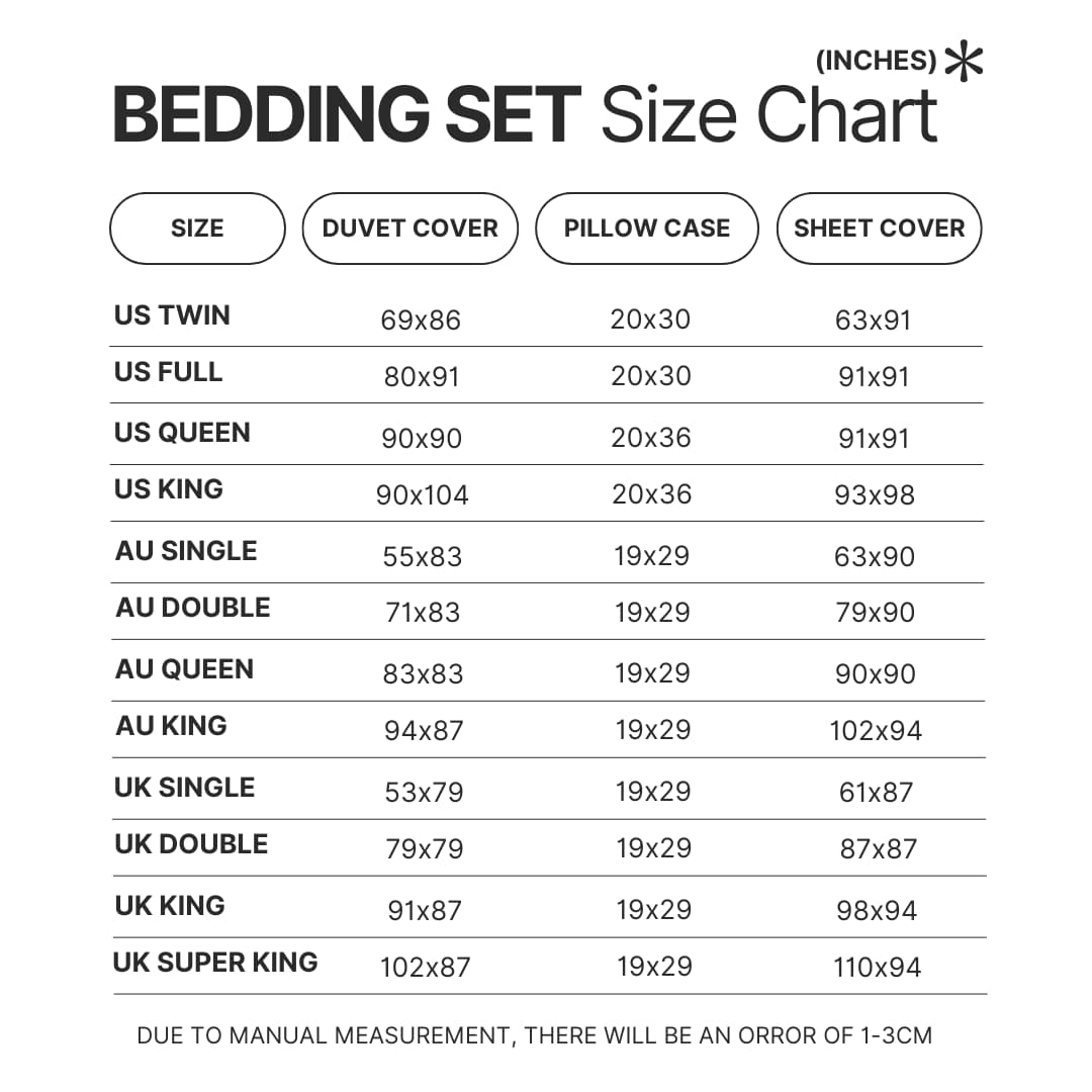 Bedding Set Size Chart - Cuphead Shop
